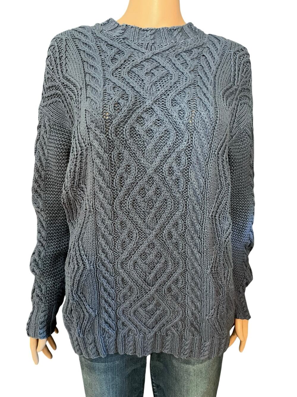 Vintage 90s Eddie Bauer Cable Knit Sweater Women SP Cotton Chunky Fisherman Blue